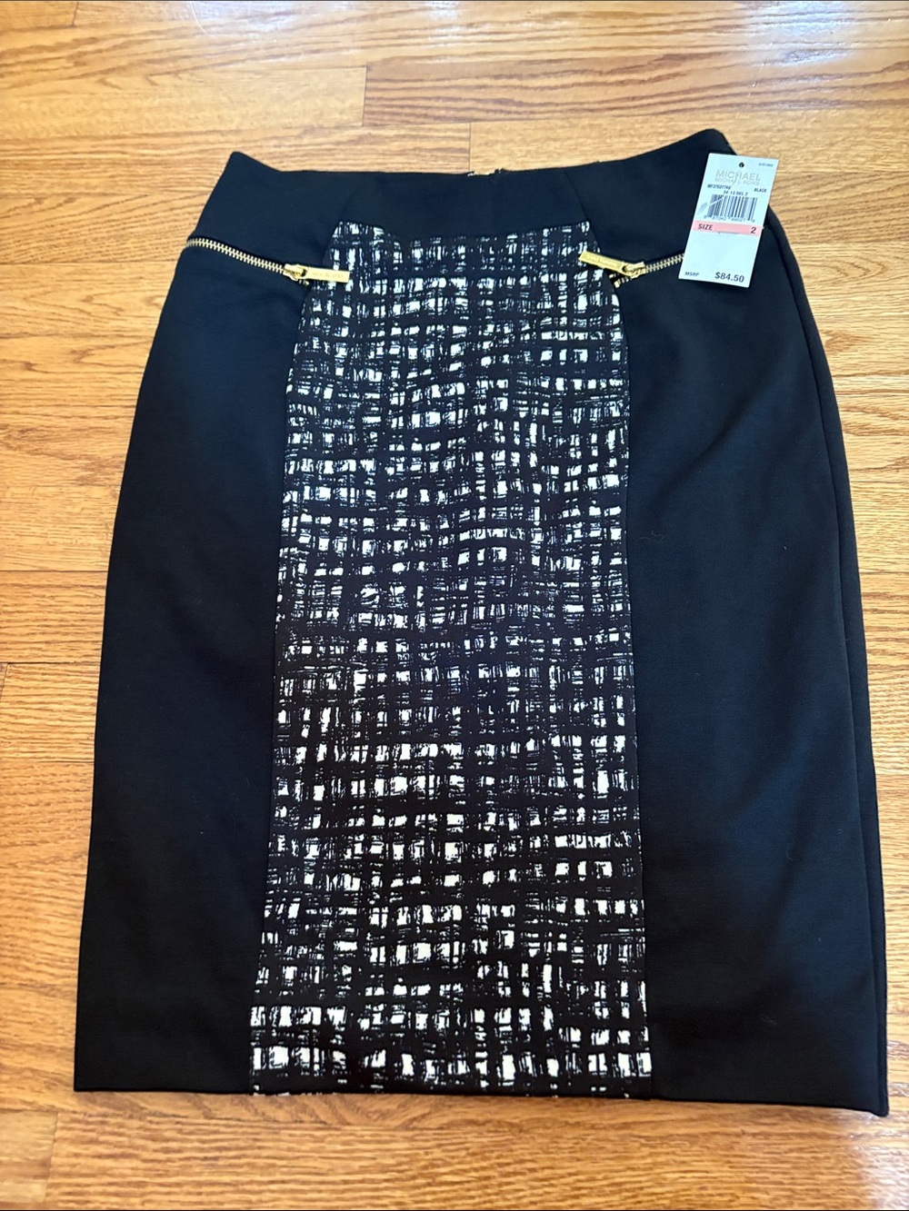 Michael Kors Black Pencil Skirt with Tweed Center Panel and Gold Zippers